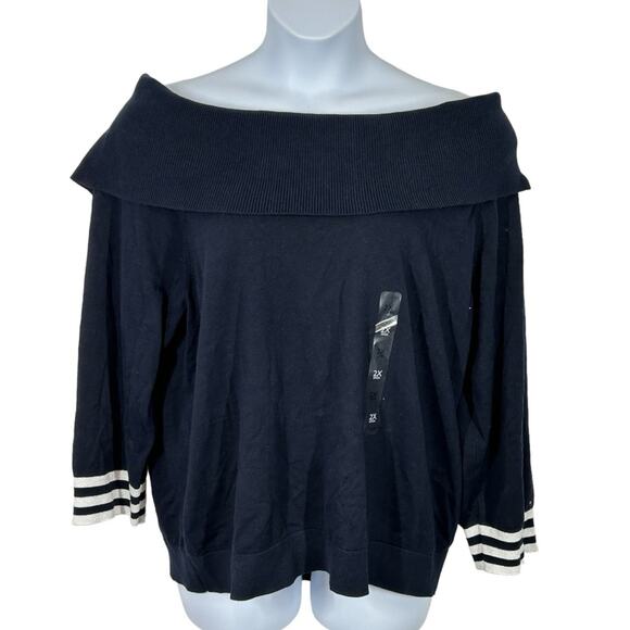Tommy Hilfiger Plus Size 2X Navy Off Shoulder Sweater White Stripe NWT - Picture 2 of 11